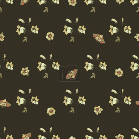 Illustration for Vintage floral seamless pattern. Blooming dark flowers, Victorian wildflowers with moth - Royalty Free Image