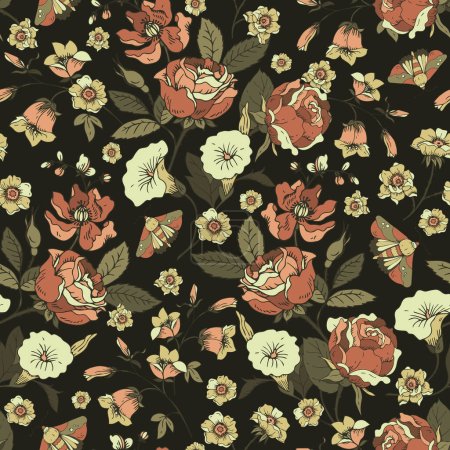 Ilustración de Patrón floral vintage sin costuras. Flores oscuras florecientes, flores silvestres victorianas con polilla - Imagen libre de derechos