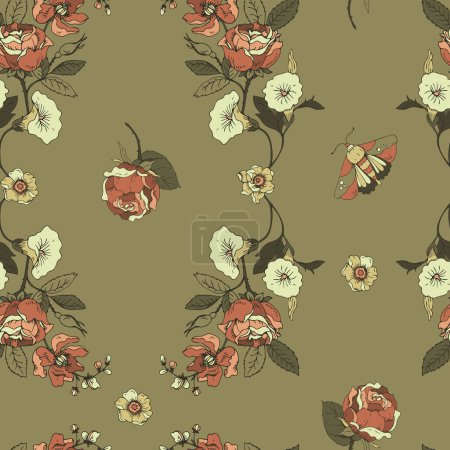 Illustration for Vintage floral seamless pattern. Blooming dark flowers, Victorian wildflowers with moth - Royalty Free Image