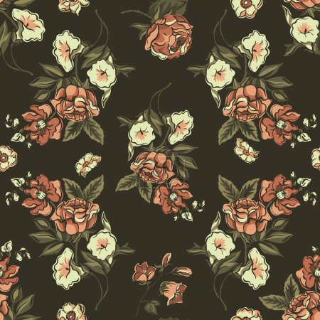 Ilustración de Patrón floral vintage sin costuras. Flores oscuras florecientes, flores silvestres victorianas con polilla - Imagen libre de derechos