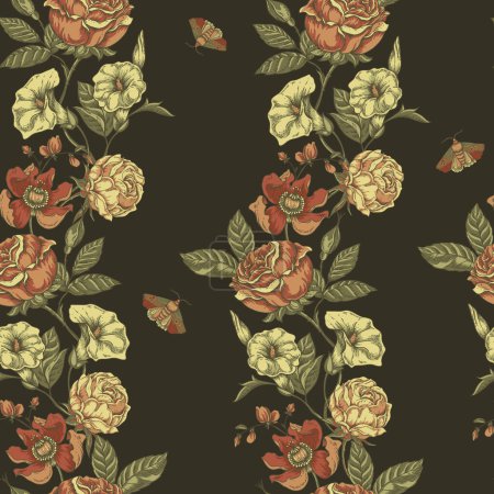 Vintage florales nahtloses Muster. Blühende dunkle Blumen, viktorianische Wildblumen mit Motte