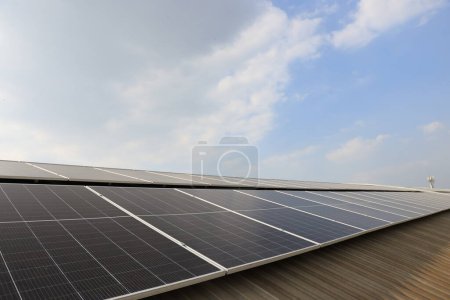 Photo for Aerial view, Solar panel mount on industrial roof, ecological electricity. Production of renewable energy concept. - Royalty Free Image