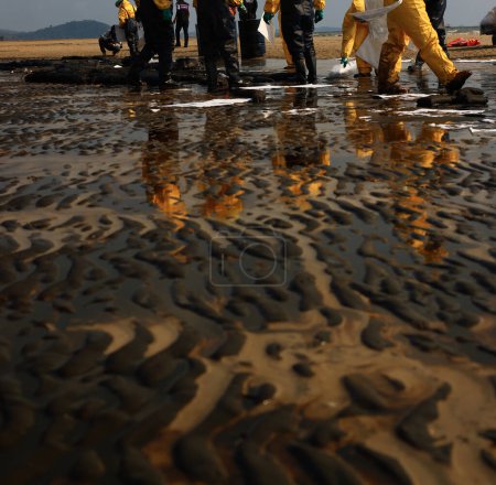 Foto de Equipo profesional y voluntario vistiendo PPE limpiar sucio de derrame de petróleo en la playa, mancha de aceite lavada en una playa de arena - Imagen libre de derechos