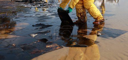 Téléchargez les photos : Une équipe professionnelle et un bénévole portant un EPI nettoient les déversements d'hydrocarbures sur la plage, la nappe d'hydrocarbures échouée sur une plage de sable - en image libre de droit