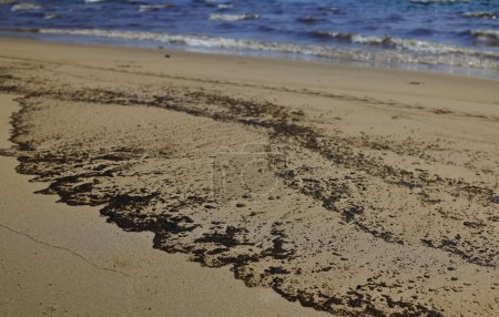 Photo for The sea and the beach are polluted with oil. A crude oil spill on the sand of a city beach - Royalty Free Image