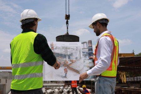 Foto de Negocio de la construcción, dos ingeniero de construcción discutiendo en plano dibujo en siteline - Imagen libre de derechos