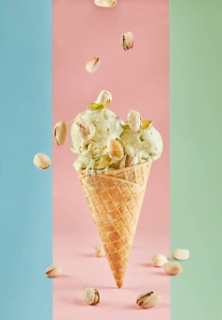 Vibrant and tempting pistachio ice cream cone with crushed nuts on a pink background, creating a refreshing and delicious treat. The image is well-lit, with vibrant colors that enhance its appeal.