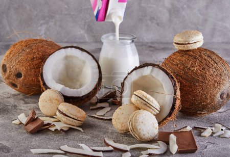 Téléchargez les photos : Macarons de noix de coco au chocolat et flocons de noix de coco sur une table avec une noix de coco en arrière-plan. L'image parfaite pour un blog alimentaire ou un site de recettes. - en image libre de droit