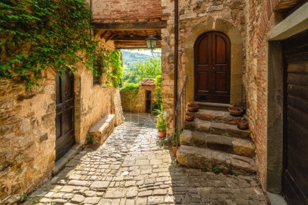 Téléchargez les photos : Le pittoresque village de Montefioralle, près de Greve in Chianti, par une journée d'été ensoleillée. Province de Florence, Toscane, Italie. - en image libre de droit