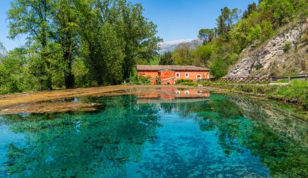 Idyllic view at Posta Fibreno Lake Natural Reserve. In the province of Frosinone, Lazio, Italy.