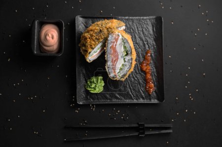 Photo for Fried hot rice burger. Asian cuisine concept. Japanese sushi burger - Royalty Free Image