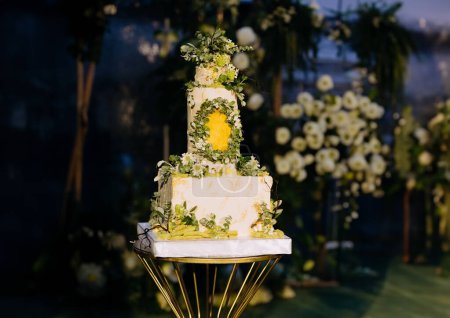 Foto de Pastel de bodas por la noche. ceremonia de la tarde. un elegante pastel de bodas con gradas iluminado con luces románticas, ambientado sobre un fondo floral al aire libre - Imagen libre de derechos