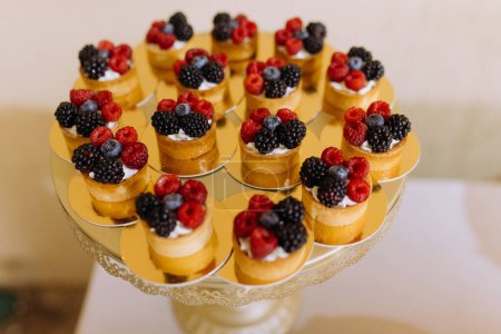 Téléchargez les photos : Un ensemble de mini gâteaux sucrés aux baies, framboises, bleuets, fraises. buffet sucré. Gâteaux aux fruits assortis pour les vacances - en image libre de droit