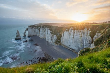 Photo for Picturesque panoramic landscape on the cliffs of Etretat. Natural amazing cliffs. Etretat, Normandy, France, La Manche or English Channel. Coast of the Pays de Caux area in sunny summer day. France - Royalty Free Image