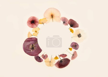 Foto de Composition pattern of pressed dried flowers of field poppies in the form of a circle. Place for text. Mockup for greeting card, wedding invitation. - Imagen libre de derechos