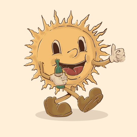 Photo for Sun walking mascot holding beer and thumbs up . tropical vibes. sun vintage mascot vector illustration - Royalty Free Image