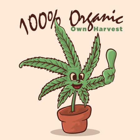 Téléchargez les photos : Funky face weed dans le vase pouces vers le haut pour 100 % mascotte biologique. mascotte de cannabis style vintage illusion vectorielle - en image libre de droit