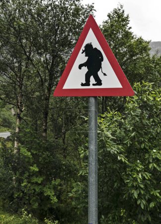 Trollstigen road sign in Norway, showing possible trolls crossing area