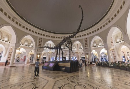 Téléchargez les photos : Dubaï, Émirats arabes unis - 17 juin 2023 : Le Dino de Dubaï dans le Dubai Mall. L'énorme squelette peut être admiré dans le Grand Atrium. Affichage permanent. - en image libre de droit