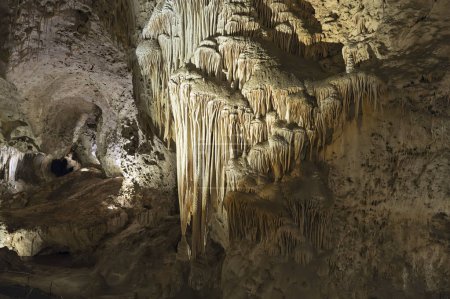 Cave flowstone hangs downward, create curtain-like sheaves along ledges, better known as draperies.Carlsbad Caverns National Park, New Mexico, USA.