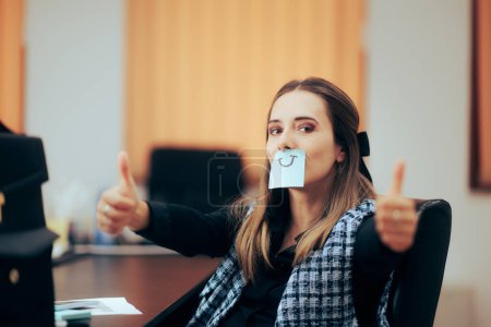 Businesswoman Pretending to Smile Holding Thumbs up