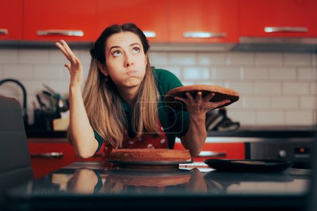 Téléchargez les photos : Stressed Baker Feeling Mind blown Slicing a Cake for the First Time - en image libre de droit