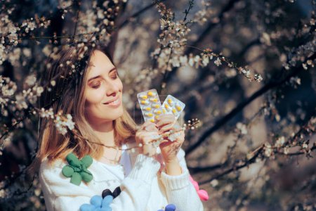 Téléchargez les photos : Happy Woman tenant des comprimés de médecine pendant la saison du printemps - en image libre de droit