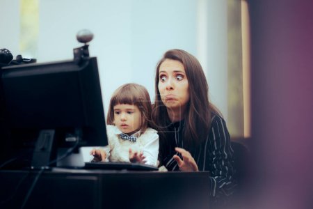 Photo for Child Typing Ruining Her the Work of her Mom at Office Desk - Royalty Free Image