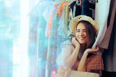 Photo for Happy Cheerful Woman Shopping for Clothes Loving Fashion - Royalty Free Image