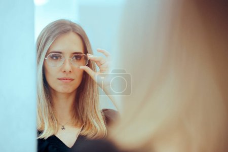 Frau mit sechseckiger Brille blickt in den Spiegel