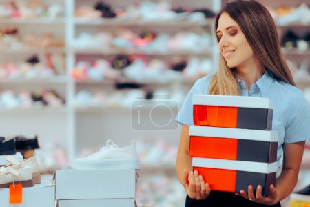 Photo for Shop Assistant Arranging Shoe Boxes in Footwear Store - Royalty Free Image