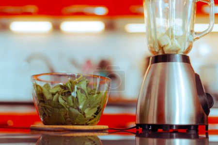 Photo for Bowl of Spinach Next to a Mixer on a Kitchen Table - Royalty Free Image