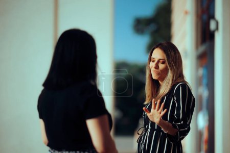 Woman Listening to her Friend Lies Making Stop Gesture