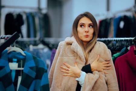 Téléchargez les photos : Femme drôle portant un manteau d'hiver en fausse fourrure dans un magasin - en image libre de droit