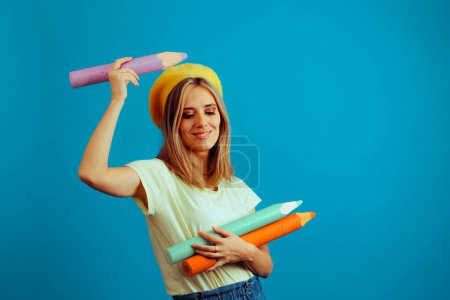 Smiling Artist Holding Big Colored Crayons Feeling Inspired