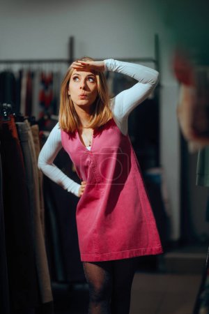 Téléchargez les photos : Femme curieuse portant une robe rétro des années 60 à la recherche dans un magasin - en image libre de droit