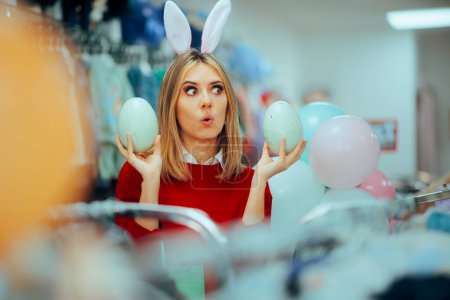 Funny Shopping Assistant Celebrating Holding Easter Eggs