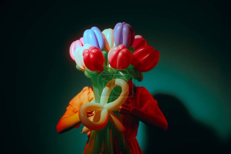 Unrecognizable Woman Hiding Behind a Bouquet of Balloons 