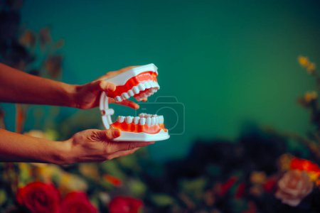 Foto de Mano sosteniendo un modelo de dientes sobre un fondo floral - Imagen libre de derechos