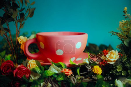 Polka Dots Coffee Cup Sitting in a Spring Floral Decorative Set 