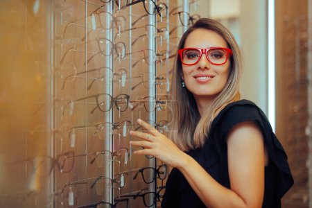 Mujer sonriente probándose marcos de gafas rojas en tienda óptica 