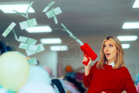 Photo for Spender Girl Blowing Money from a Toy Gun in a Clothing Store - Royalty Free Image