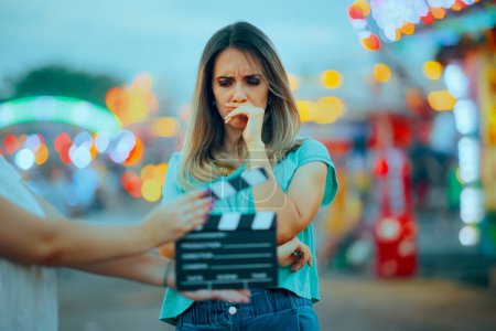 Traurige Schauspielerin in einer emotionalen Szene bei Dreharbeiten im Freien 