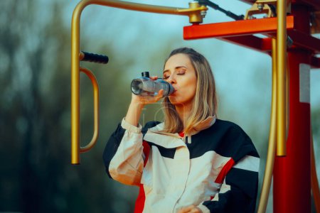 Aktive Frau trinkt Wasser nach Sport im öffentlichen Park