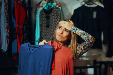 Stressed Woman Unable to Decide Between Garments 
