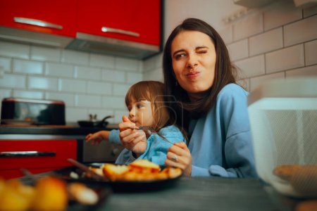 Mom Struggling with Little kid to Convince her to Eat