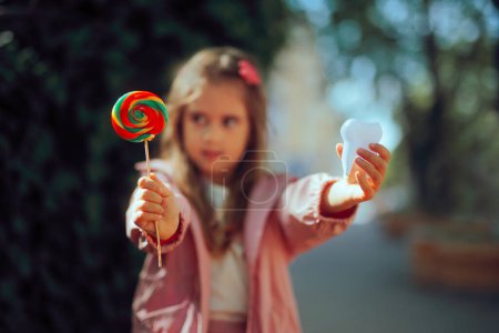 Child Holding a Lollipop and a Tooth for Dental Health Education