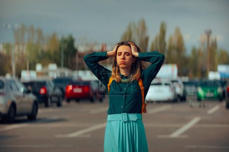 Stressed Worried Woman Losing her Car in a parking Lot 