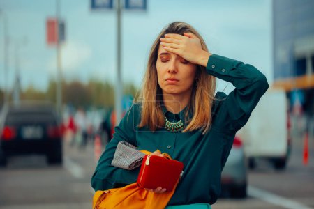 Mujer olvidadiza revisando su bolso perdiendo su dinero