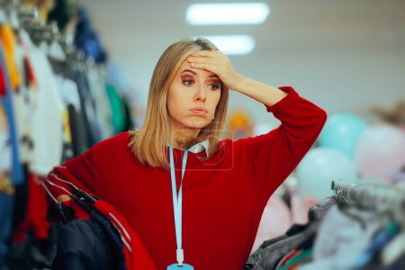 Téléchargez les photos : Saleswoman stressée travaillant dans le magasin de vêtements - en image libre de droit